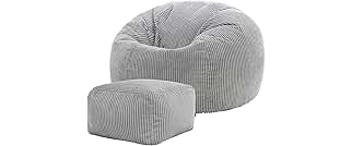 Icon Kingston Corduroy Beanbag with Pouffe for Adults, Grey, Beanbag Chair with Filling, Lounge Armchair, Lounge Chair, Bedroom/Living Room Furniture